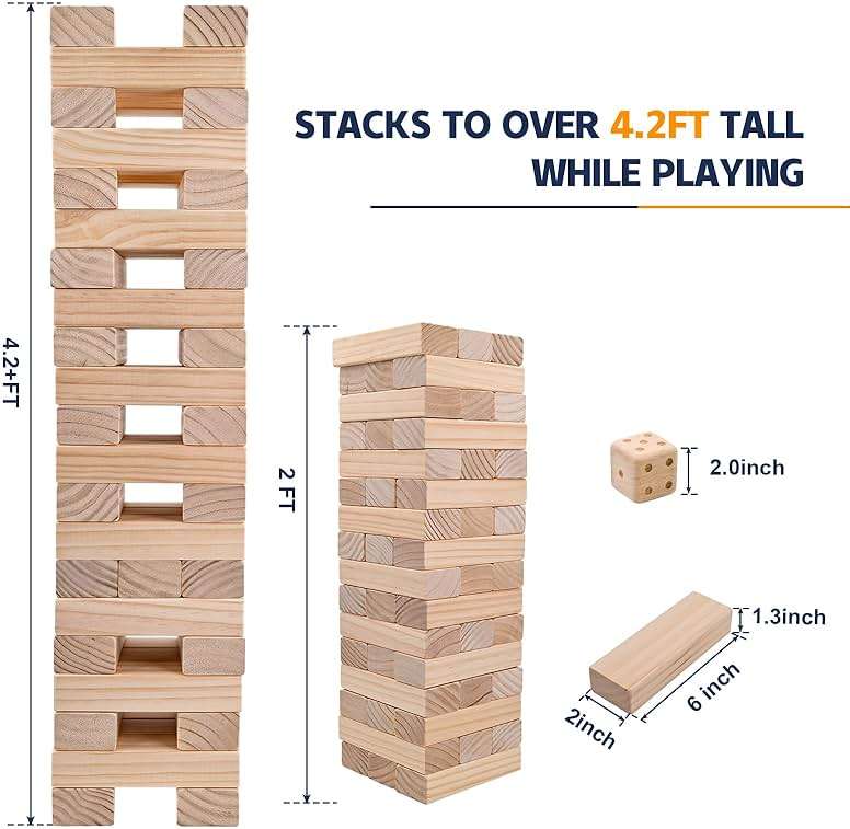 Megwoz Giant Tumble Tower 57 Blocks Stacking Timber Game, Large Wooden Yard Toys for Adults & Kids, Family Outdoor Indoor Party Games with Carry Bag to Over 4.2FT New Zealand Pine - Image 5