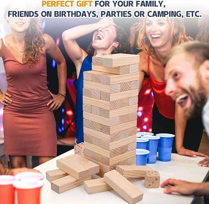 Megwoz Giant Tumble Tower 57 Blocks Stacking Timber Game, Large Wooden Yard Toys for Adults & Kids, Family Outdoor Indoor Party Games with Carry Bag to Over 4.2FT New Zealand Pine - Image 7