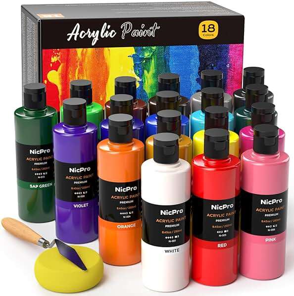 Nicpro 18 Colors Large Acrylic Paint Set, 8.45oz/250 ml Artist Painting Supplies Bulk Non-Toxic For Multi Surface Canvas Wood Fabric Leather Cardboard Paper Crafts Rock Window Hobby with Color Wheel - Image 1