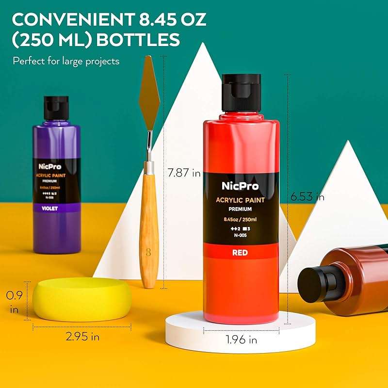 Nicpro 18 Colors Large Acrylic Paint Set, 8.45oz/250 ml Artist Painting Supplies Bulk Non-Toxic For Multi Surface Canvas Wood Fabric Leather Cardboard Paper Crafts Rock Window Hobby with Color Wheel - Image 3