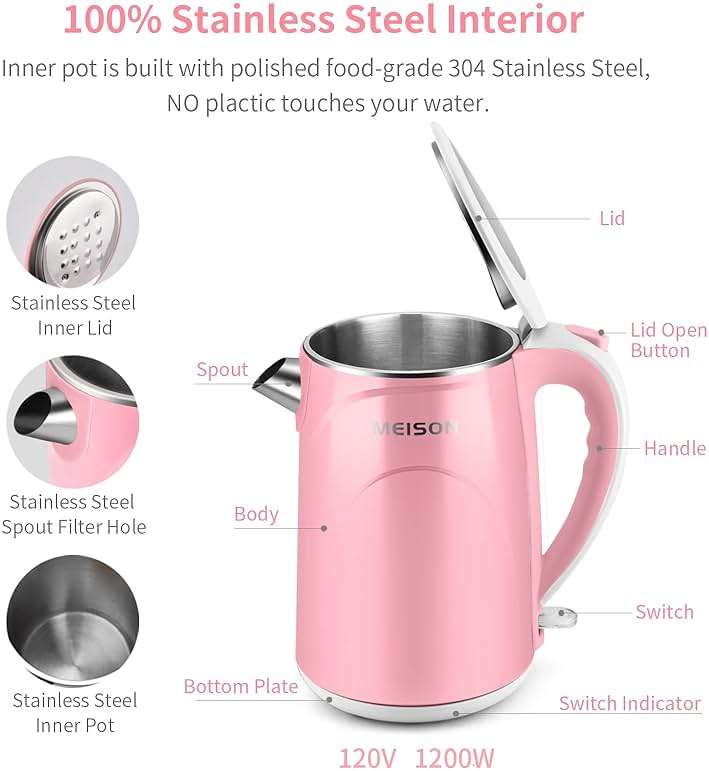 MEISON Electric Kettle, 1.5 L Double Wall Food Grade Stainless Steel Interior Water Boiler, Coffee Pot & Tea Kettle, Auto Shut-Off and Boil-Dry Protection, 1200W, 2 Year Warranty(Pink) - Image 2