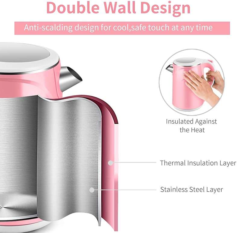 MEISON Electric Kettle, 1.5 L Double Wall Food Grade Stainless Steel Interior Water Boiler, Coffee Pot & Tea Kettle, Auto Shut-Off and Boil-Dry Protection, 1200W, 2 Year Warranty(Pink) - Image 3