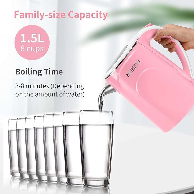 MEISON Electric Kettle, 1.5 L Double Wall Food Grade Stainless Steel Interior Water Boiler, Coffee Pot & Tea Kettle, Auto Shut-Off and Boil-Dry Protection, 1200W, 2 Year Warranty(Pink) - Image 5