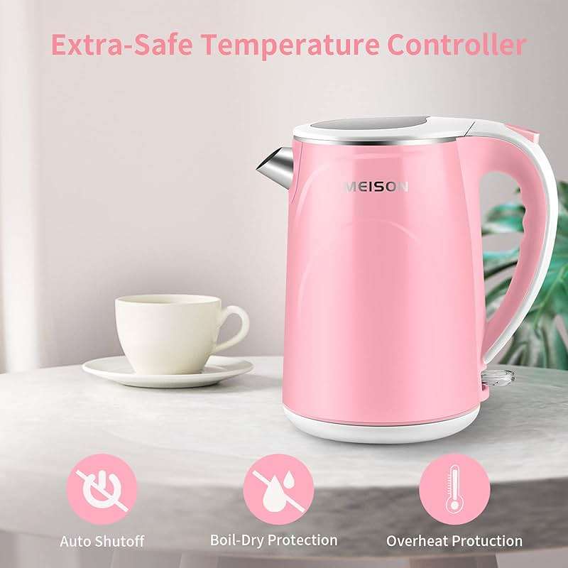 MEISON Electric Kettle, 1.5 L Double Wall Food Grade Stainless Steel Interior Water Boiler, Coffee Pot & Tea Kettle, Auto Shut-Off and Boil-Dry Protection, 1200W, 2 Year Warranty(Pink) - Image 7