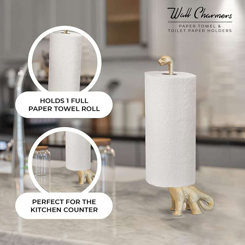 WallCharmers Gold Paper Towel Holder, Metal Toilet or Kitchen Paper Holder for Floor or Countertop, Gold Dino - Image 6