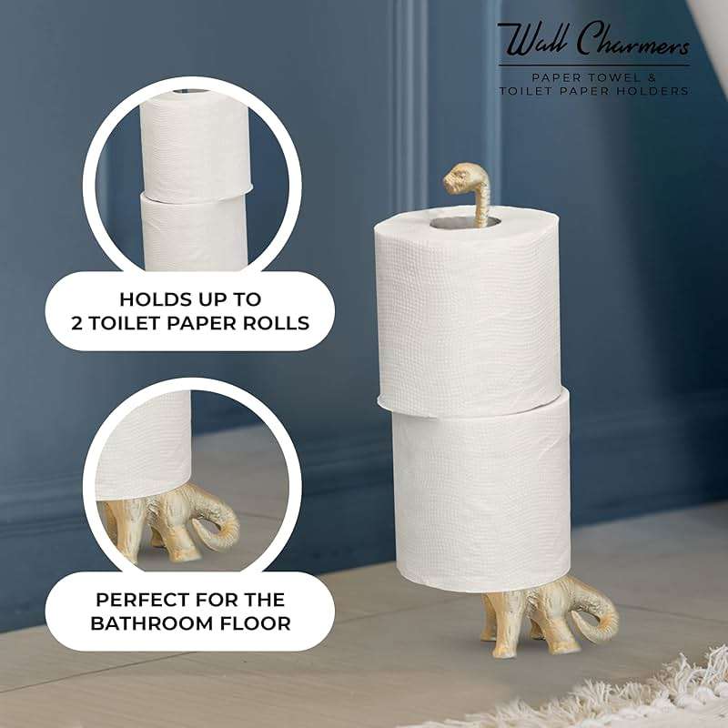WallCharmers Gold Paper Towel Holder, Metal Toilet or Kitchen Paper Holder for Floor or Countertop, Gold Dino - Image 7