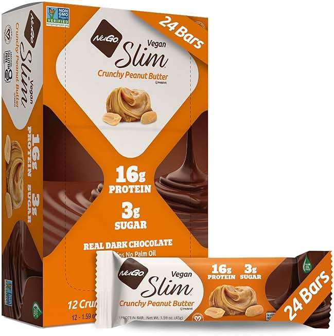 Nugo Slim Dark Chocolate Crunchy Peanut Butter, 16g Vegan Protein, 3g Sugar, 7g Fiber, Low Net Carb, Keto Friendly, Gluten Free, 24 Count - Image 1