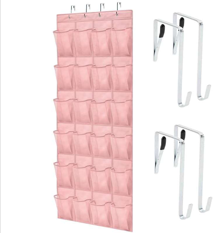 GORILLA GRIP Over the Door Shoe Organizer, 24 Large Breathable Mesh Pockets, Space Saving Hanging Storage Holder, Closet Rack Hanger Holds Up to 40 lbs, Hangs on Closets for Shoes, Accessories, Pink - Image 1
