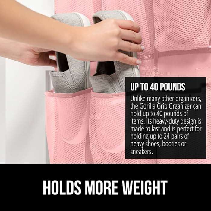 GORILLA GRIP Over the Door Shoe Organizer, 24 Large Breathable Mesh Pockets, Space Saving Hanging Storage Holder, Closet Rack Hanger Holds Up to 40 lbs, Hangs on Closets for Shoes, Accessories, Pink - Image 4