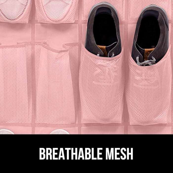 GORILLA GRIP Over the Door Shoe Organizer, 24 Large Breathable Mesh Pockets, Space Saving Hanging Storage Holder, Closet Rack Hanger Holds Up to 40 lbs, Hangs on Closets for Shoes, Accessories, Pink - Image 6