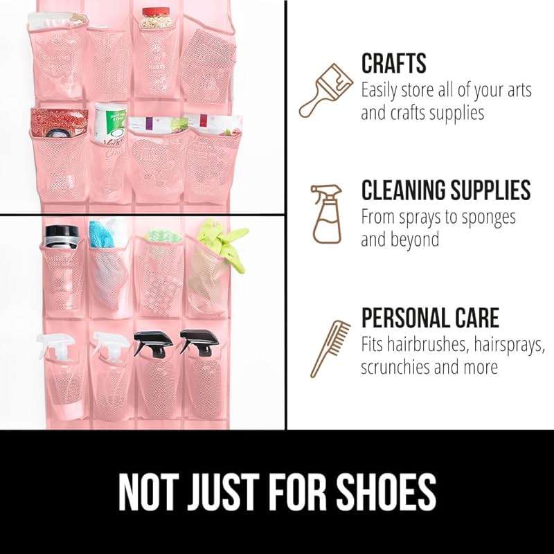 GORILLA GRIP Over the Door Shoe Organizer, 24 Large Breathable Mesh Pockets, Space Saving Hanging Storage Holder, Closet Rack Hanger Holds Up to 40 lbs, Hangs on Closets for Shoes, Accessories, Pink - Image 7