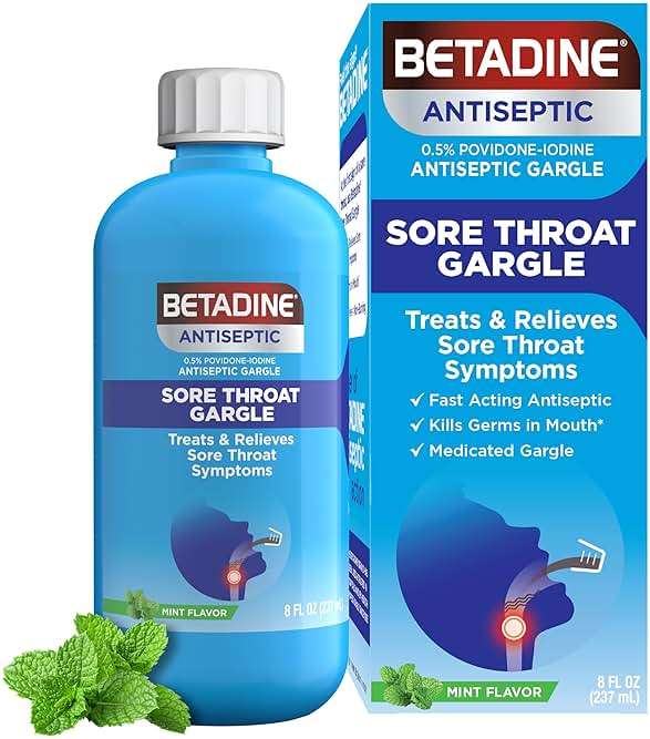 Betadine Sore Throat Relief Gargle, 8 Oz, Fast Acting Antiseptic with Povidone-Iodine 0.5%, Sore Throat Medicine, Mint Flavor - Image 1