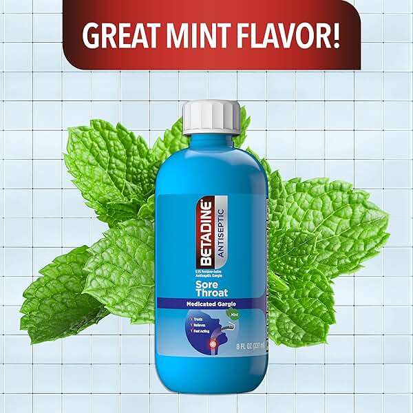 Betadine Sore Throat Relief Gargle, 8 Oz, Fast Acting Antiseptic with Povidone-Iodine 0.5%, Sore Throat Medicine, Mint Flavor - Image 5