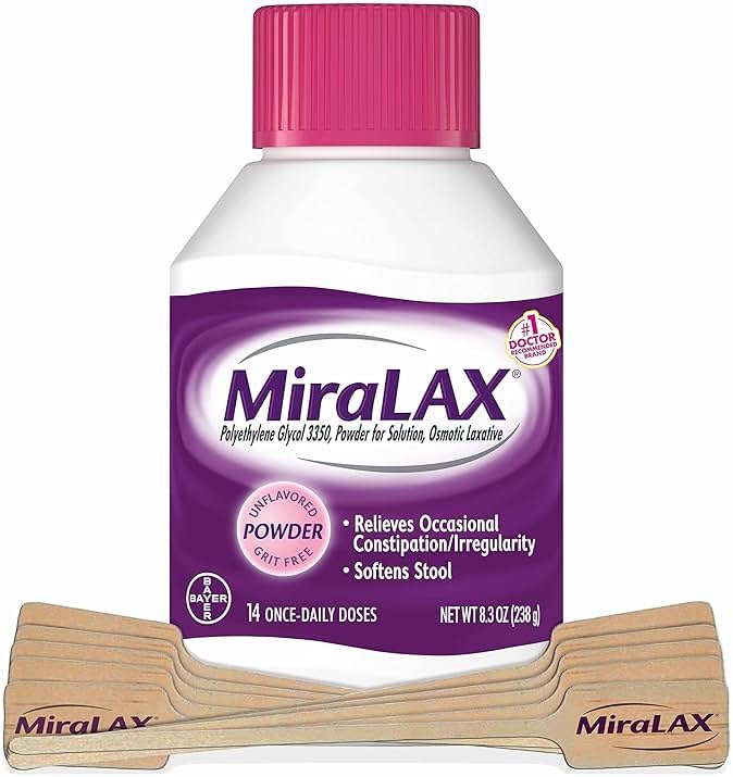 MiraLAX, Laxative Powder, Gentle Constipation Relief for Adults, Stool Softener with PEG 3350, Nonstimulant Laxative, No Harsh Side Effects, Includes Stirrer, 14 Count - Product Image