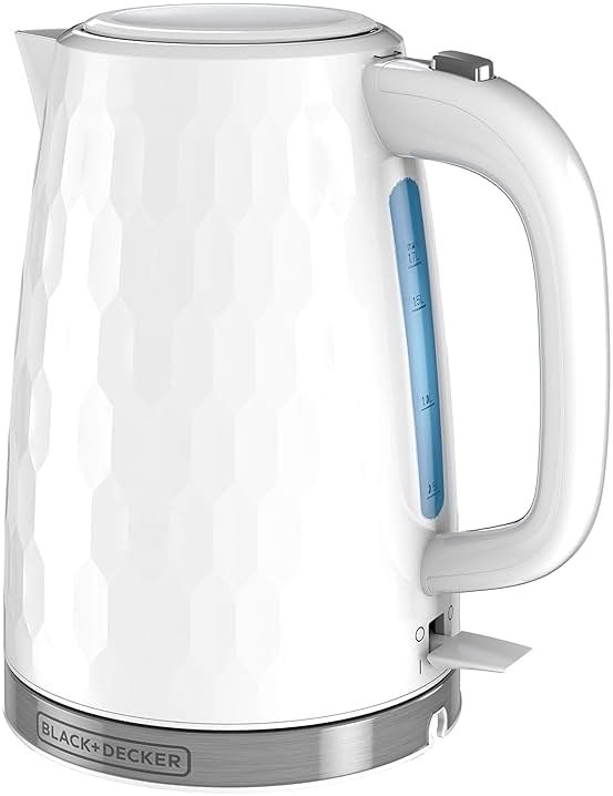 BLACK+DECKER 1.7L Cordless Electric Kettle, KE1560W, Premium Texture, Water Window, Rapid Boil, Auto Shutoff, White - Product Image
