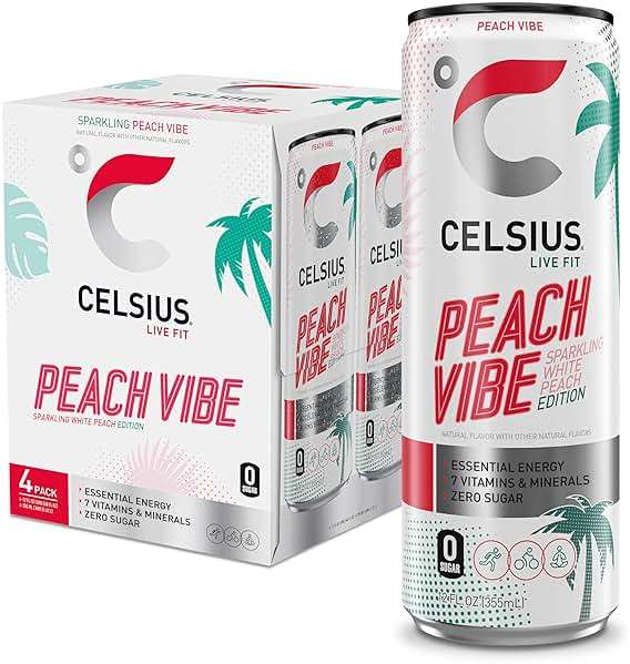 CELSIUS Sparkling Peach Vibe, Functional Essential Energy Drink 12 Fl Oz (Pack of 4) - Image 1