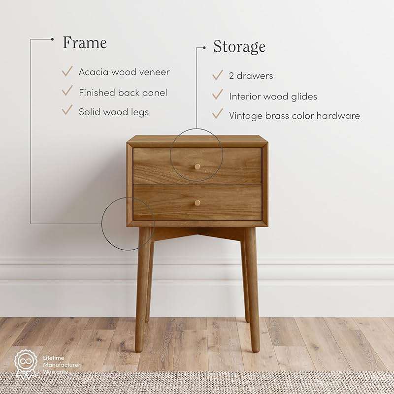 Nathan James 32704 Harper Mid-Century Oak Wood Nightstand with 2-Drawers, Small Side End Table with Storage, Brown - Image 4