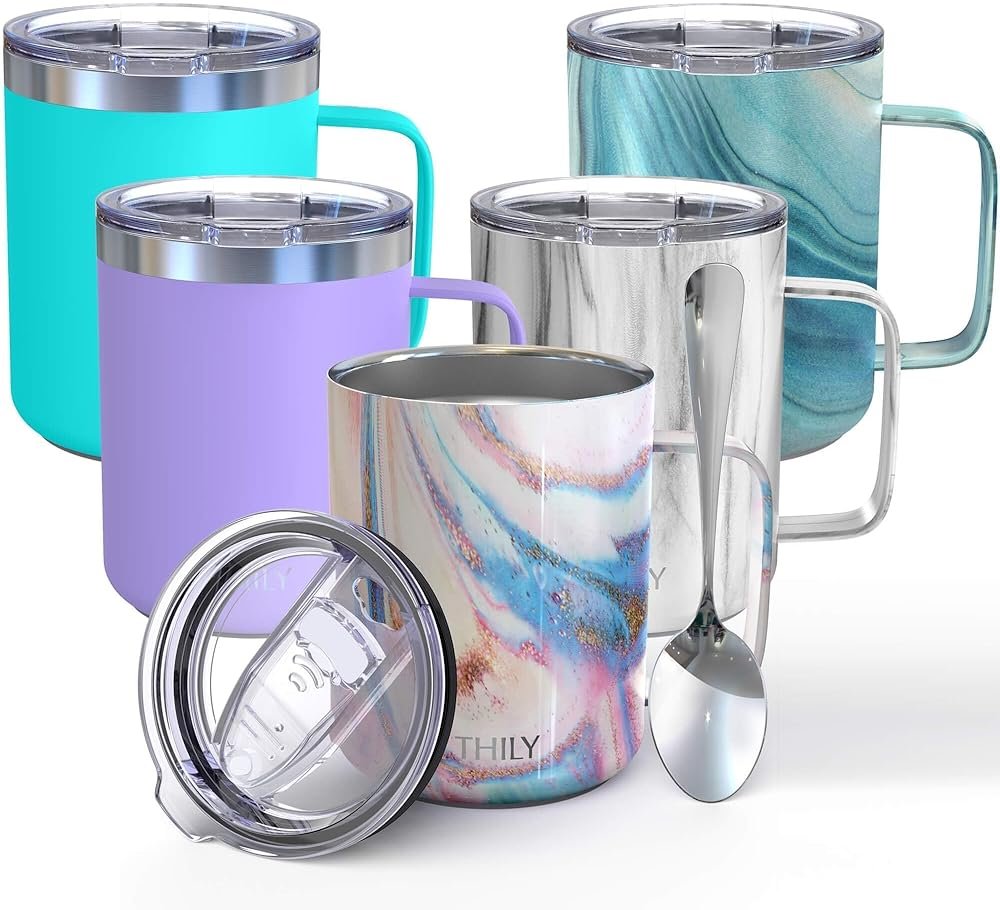 THILY Stainless Steel Insulated Coffee Mug 12 oz Vacuum Insulated Coffee Cup with Handle, Spill-Proof Lid, Keep Coffee Cold, Pink Ripple - Product Image