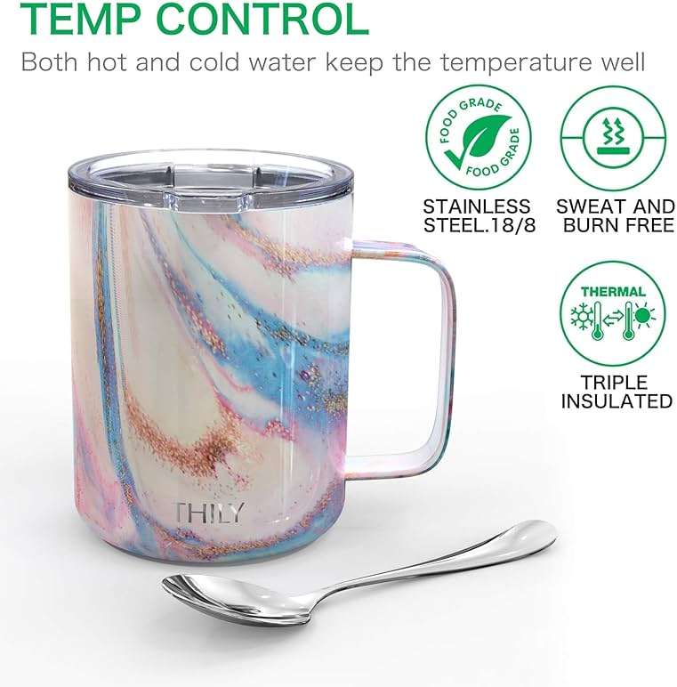 THILY Stainless Steel Insulated Coffee Mug 12 oz Vacuum Insulated Coffee Cup with Handle, Spill-Proof Lid, Keep Coffee Cold, Pink Ripple - Image 4