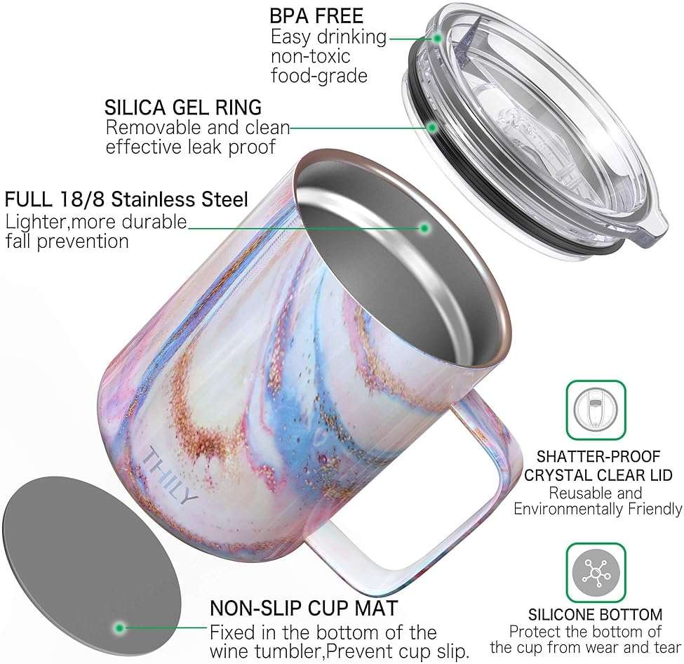 THILY Stainless Steel Insulated Coffee Mug 12 oz Vacuum Insulated Coffee Cup with Handle, Spill-Proof Lid, Keep Coffee Cold, Pink Ripple - Image 5