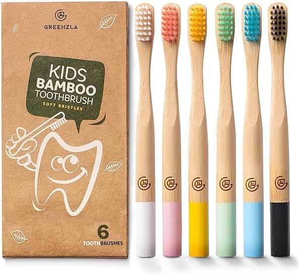 GREENZLA Kids Bamboo Toothbrushes, Natural Toothbrush Set, Soft Bristles, Durable Charcoal Wooden Brushes, Compostable Design for Toddlers and Children, 6 Pack - Product Image