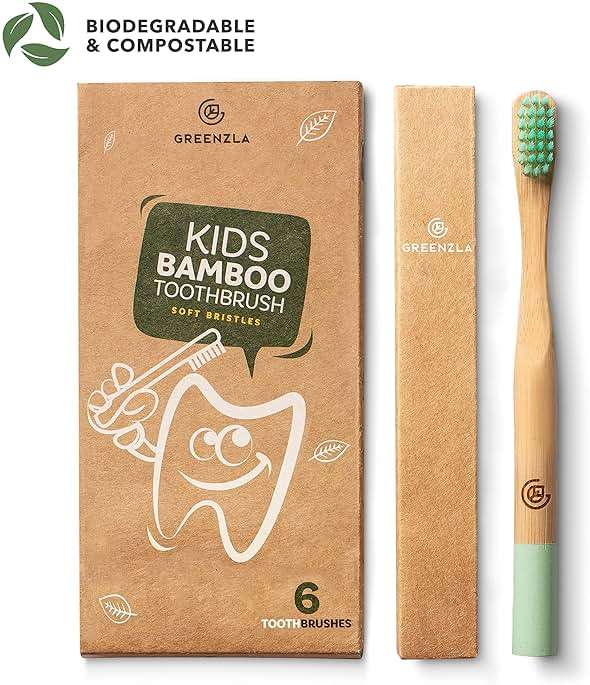 GREENZLA Kids Bamboo Toothbrushes, Natural Toothbrush Set, Soft Bristles, Durable Charcoal Wooden Brushes, Compostable Design for Toddlers and Children, 6 Pack - Image 2