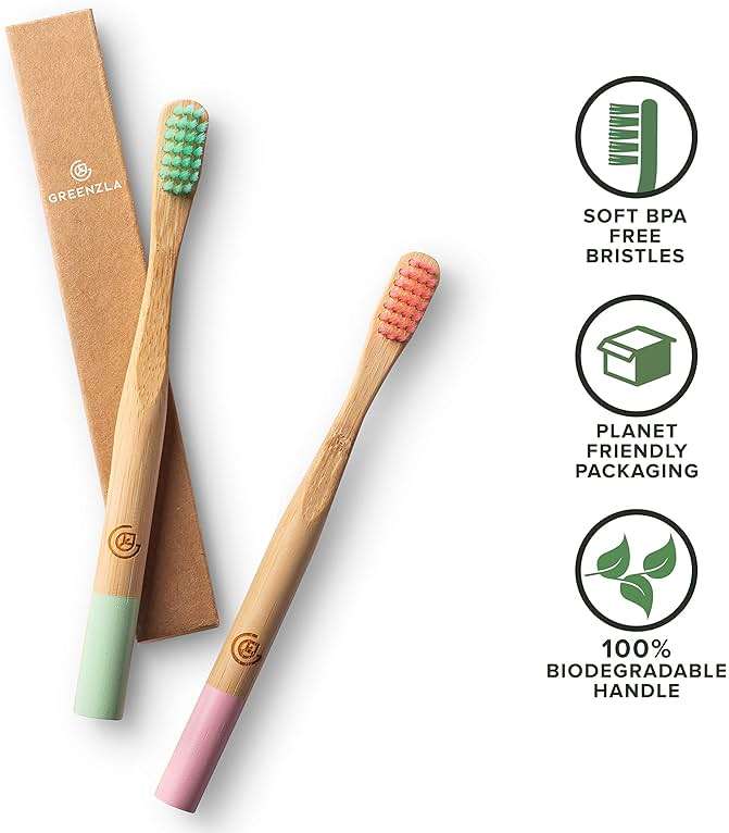 GREENZLA Kids Bamboo Toothbrushes, Natural Toothbrush Set, Soft Bristles, Durable Charcoal Wooden Brushes, Compostable Design for Toddlers and Children, 6 Pack - Image 3