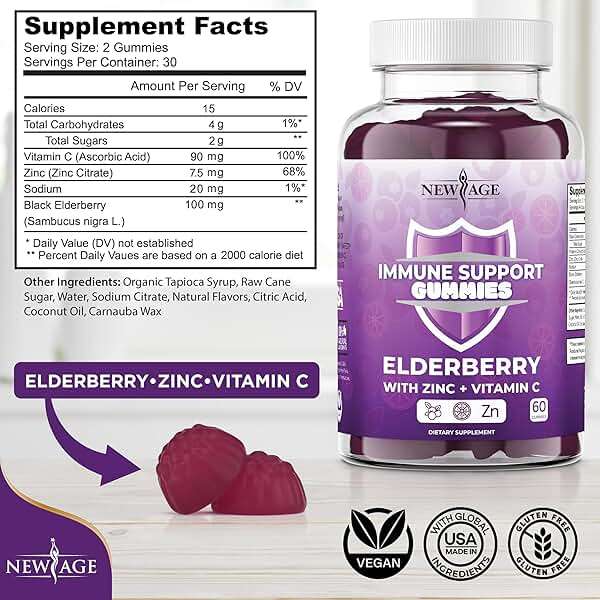 NEW AGE Immune System Support Gummies - Sambucus Black Elderberry Gummies with Vitamin C and Zinc (120 Count (Pack of 2)) - Image 2
