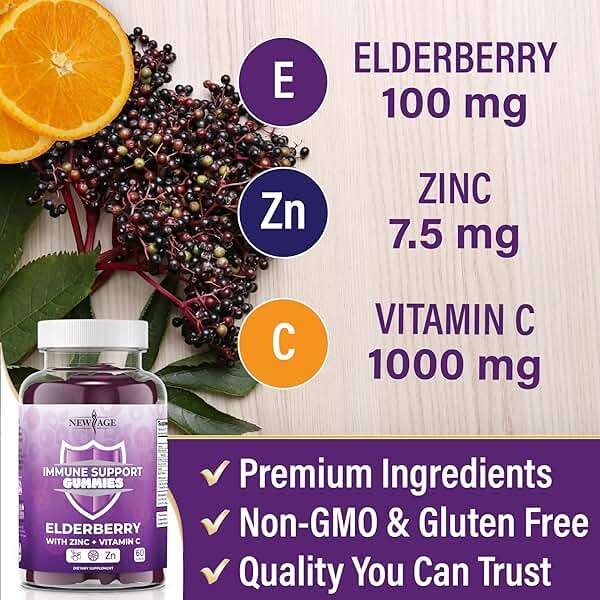 NEW AGE Immune System Support Gummies - Sambucus Black Elderberry Gummies with Vitamin C and Zinc (120 Count (Pack of 2)) - Image 5