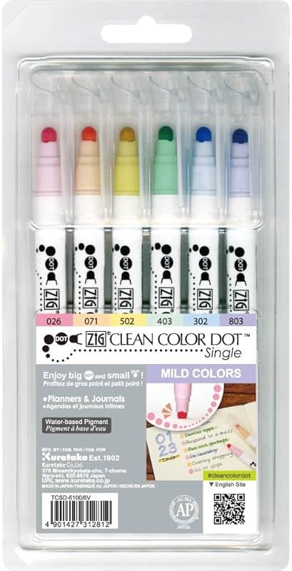 Kuretake CLEAN COLOR DOT Single Mild 6 colors set, Flexible dot tip marker, for Journals, Crafts, Illustration, Lettering, Planners, Made in Japan - Product Image