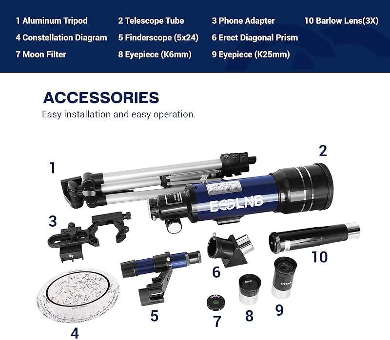 ESSLNB Telescope for Adults, 70mm Aperture Refractor Telescopes (15X-180X) for Astronomy Beginners, Portable Travel Telescope with Phone Adapter & Adjustable Tripod - Image 7