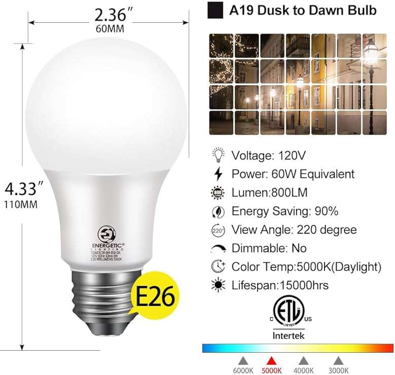 Energetic 4-Pack Dusk to Dawn LED Outdoor Light Bulb, 60 Watt Equivalent(6W), 800LM, Daylight 5000K, E26 Base, Automatic On/Off Sensor Light Bulb for Porch, Hallway, Garage, ETL Listed - Image 2