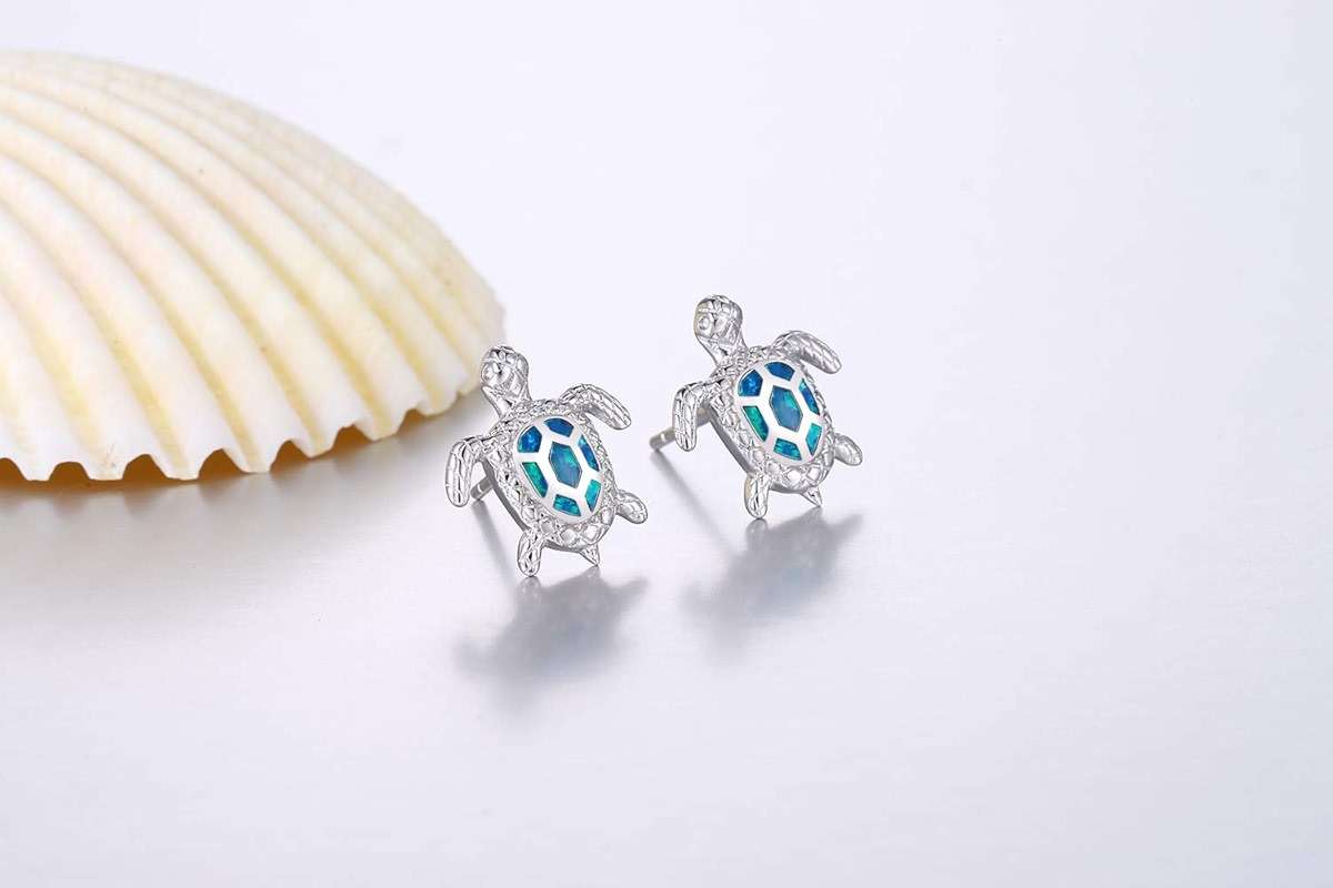 Sterling Silver Blue Opal Sea Turtle Stud Earrings Jewelry Gifts for Women, Hypoallergenic Stud Earrings - Image 4