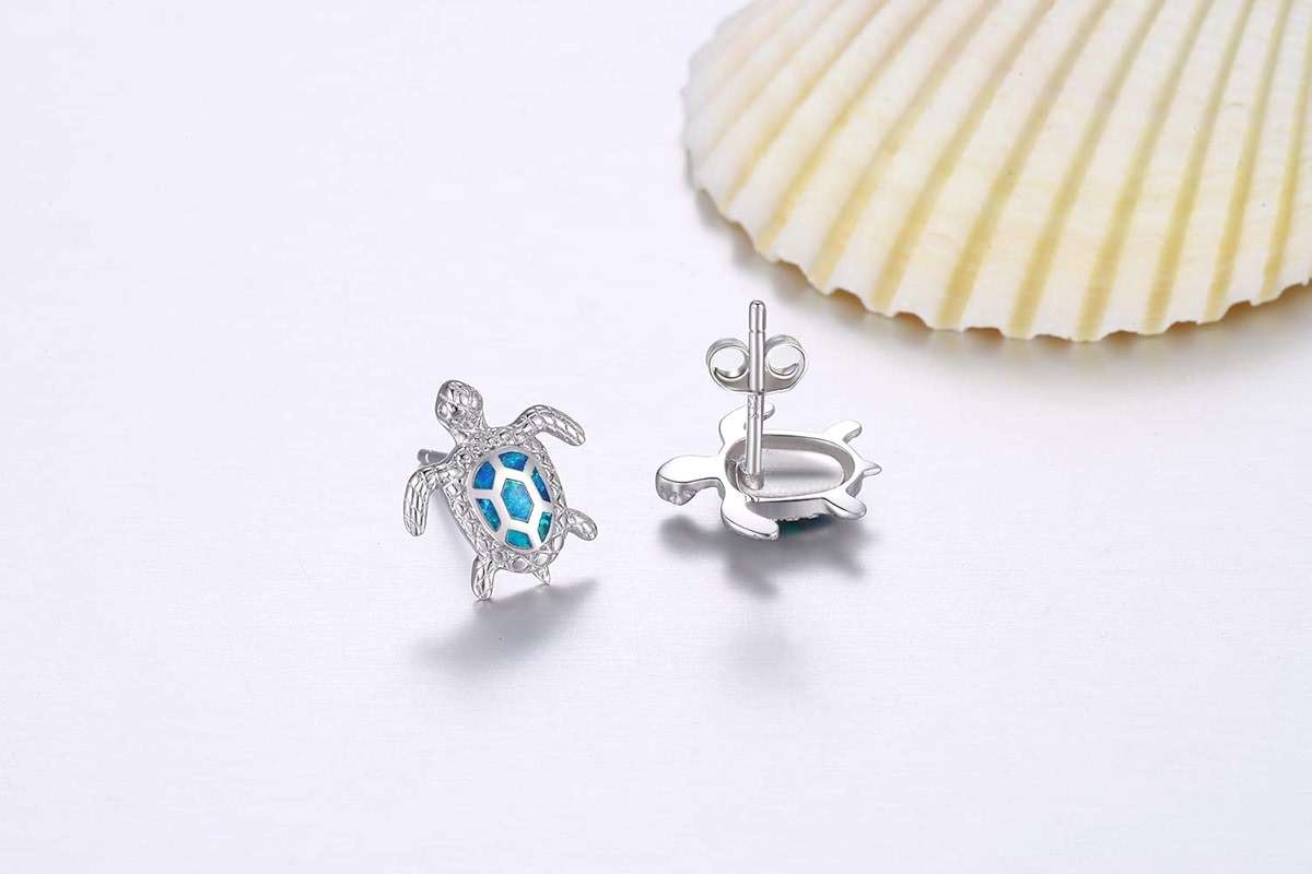 Sterling Silver Blue Opal Sea Turtle Stud Earrings Jewelry Gifts for Women, Hypoallergenic Stud Earrings - Image 5
