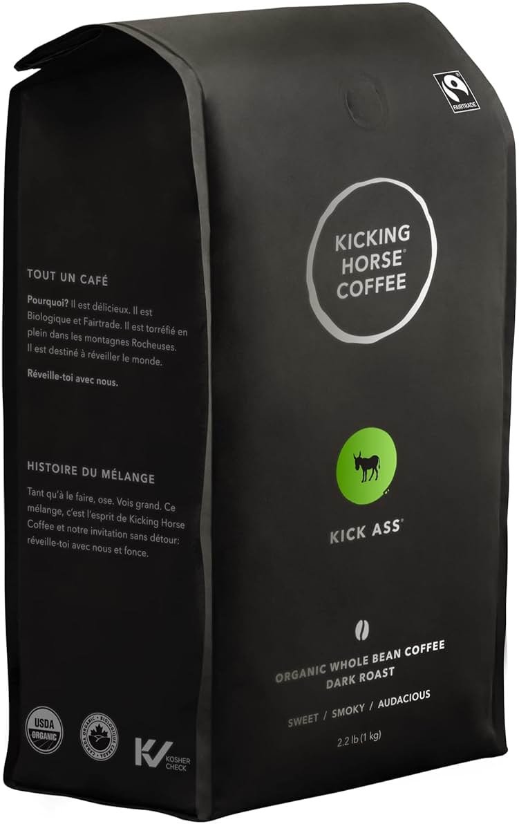 Kicking Horse Coffee Kick Ass, Dark Roast, Whole Bean, Certified Organic, Fairtrade, Kosher, Black, 1 Kg, Pack of 6 - Product Image