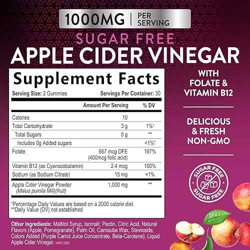 Apple Cider Vinegar Gummies for Weight Loss - Sugar Free - Max Strength ACV Gummy with Vitamin B12 & The Mother - Metabolism & Energy Support - Vegan Apple Cider Vinegar Gummy Supplement - 60 Gummies - Image 2