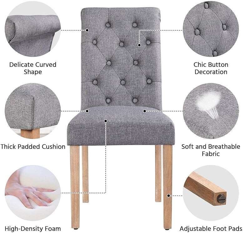 Yaheetech Upholstered Dining Chairs Set of 2, Button Tufted High Back Parsons Chair with Solid Wood Legs, Modern Fabric Kitchen Side Chair, Dark Gray - Image 5