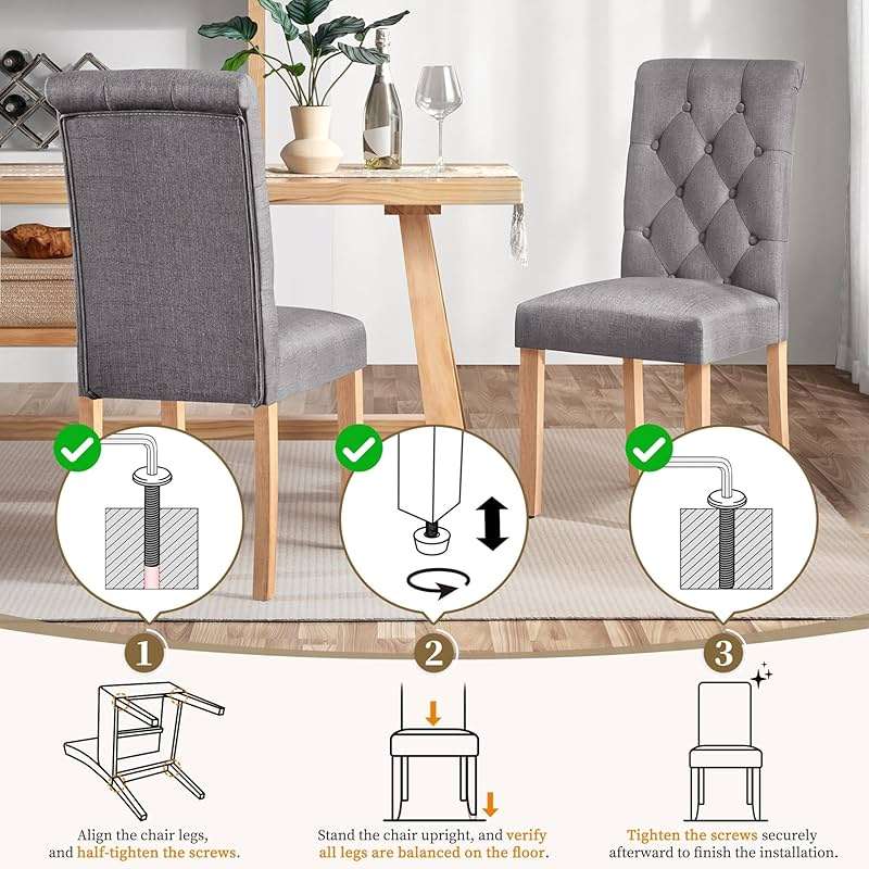Yaheetech Upholstered Dining Chairs Set of 2, Button Tufted High Back Parsons Chair with Solid Wood Legs, Modern Fabric Kitchen Side Chair, Dark Gray - Image 6
