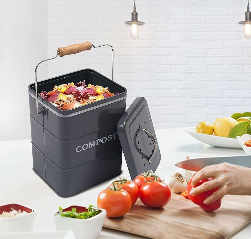 ayacatz Stainless Steel Compost Bin, 1 Gallon, Kitchen Countertop Compost Bin, Includes Charcoal Filter, Compost Bucket Kitchen Pail Compost with Lid, Gray - Image 2