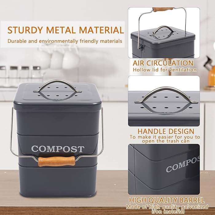 ayacatz Stainless Steel Compost Bin, 1 Gallon, Kitchen Countertop Compost Bin, Includes Charcoal Filter, Compost Bucket Kitchen Pail Compost with Lid, Gray - Image 3