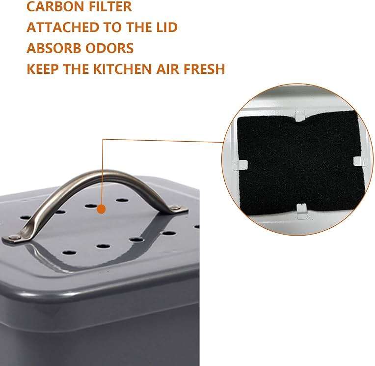 ayacatz Stainless Steel Compost Bin, 1 Gallon, Kitchen Countertop Compost Bin, Includes Charcoal Filter, Compost Bucket Kitchen Pail Compost with Lid, Gray - Image 5