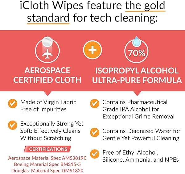 iCloth 70% Isopropyl Alcohol Large Screen and Electronics Wipes, Lint-Free, Streak-Free, Fast-Drying, Removes Dust and Fingerprints (50 Wipes) - Image 8