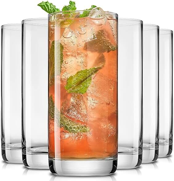 JoyJolt Faye 13oz Highball Glasses, 6pc Tall Glass Sets. Lead-Free Crystal Drinking Glasses. Water Glasses, Mojito Glass Cups, Tom Collins Bar Glassware, and Mixed Drink Cocktail Glass Set - Product Image