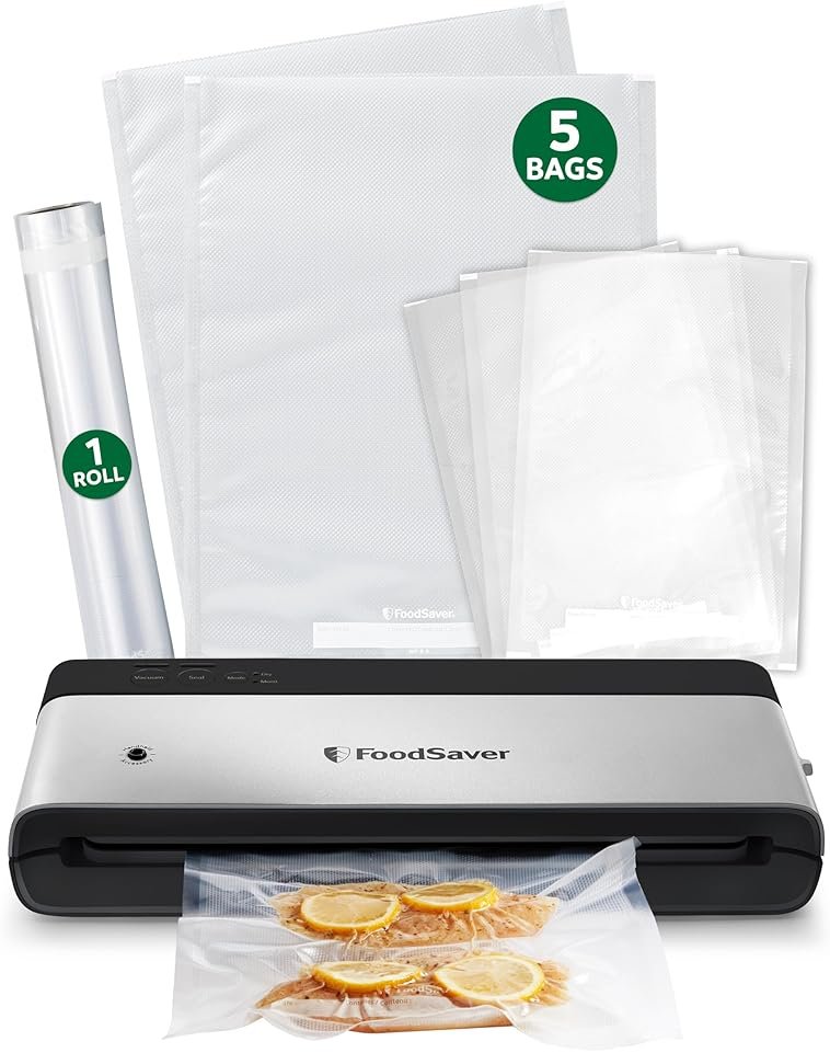 FoodSaver PowerVac Compact Vacuum Sealing Machine Stainless Steel & Black Vertical Storage VS0150 | Preserves freshness reduces bag waste for both dry and wet food - Product Image