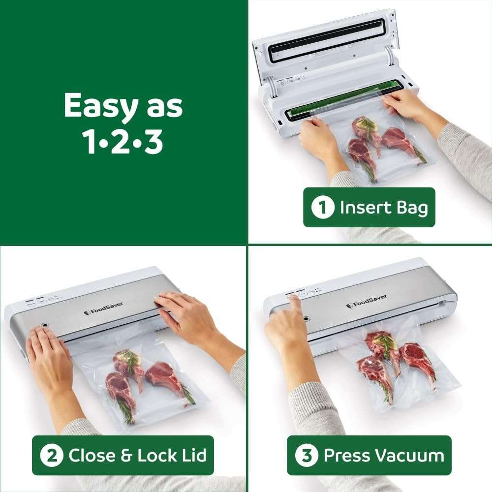 FoodSaver PowerVac Compact Vacuum Sealing Machine Stainless Steel & Black Vertical Storage VS0150 | Preserves freshness reduces bag waste for both dry and wet food - Image 9