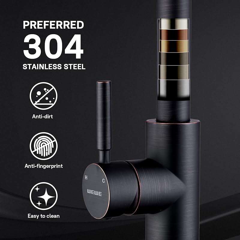 WEWE Kitchen faucets with Pull Down Sprayer, Farmhouse Kitchen Faucet Oil Rubbed Bronze Commercial Modern high arc Stainless Steel Single Handle Single Hole for Utility rv Laundry Sinks - Image 4