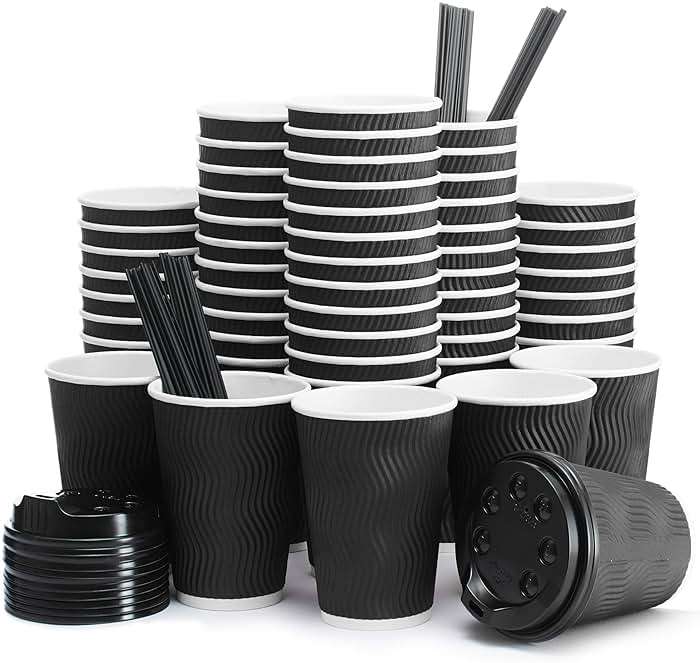 Primens Insulated Disposable Coffee Cups with Lids & Straws 12 oz, 100 Packs - Paper Cups for Hot Beverage Drinks To Go Tea Coffee Home Office Car Coffee Shop Party (Black) - Image 1