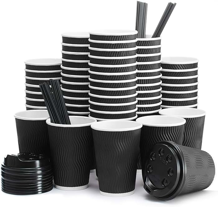 Primens Insulated Disposable Coffee Cups with Lids & Straws 12 oz, 100 Packs - Paper Cups for Hot Beverage Drinks To Go Tea Coffee Home Office Car Coffee Shop Party (Black) - Product Image