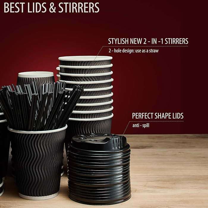 Primens Insulated Disposable Coffee Cups with Lids & Straws 12 oz, 100 Packs - Paper Cups for Hot Beverage Drinks To Go Tea Coffee Home Office Car Coffee Shop Party (Black) - Image 2