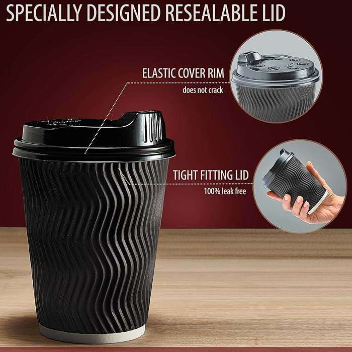 Primens Insulated Disposable Coffee Cups with Lids & Straws 12 oz, 100 Packs - Paper Cups for Hot Beverage Drinks To Go Tea Coffee Home Office Car Coffee Shop Party (Black) - Image 4